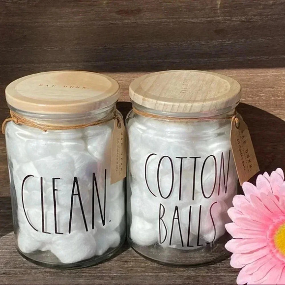 NEW - Rae Dunn - CUTE reusable COTTON BALL Glass Jar with wooden Lid - Picture 8 of 8